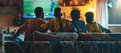 Football fans friends watching Brazil national team in live soccer match on TV at home. Copy space image. Place for adding text © Ilgun