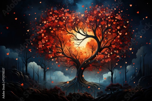 magical love tree adorned with red flying hearts. The branches are like a canvas  