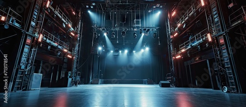 Technical equipment at the backstage of theater Stage spot lighting rigging structure for a live musical theater events. Copy space image. Place for adding text