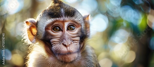 Close up of a long tailed macaque or crab eating macaque smiling. Copy space image. Place for adding text © Ilgun