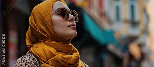 Wallpaper Mural A Muslim woman wearing a hijab walks the streets of the city in a modern outfit combined with sunglasses Selective focus High quality photo. Copy space image. Place for adding text Torontodigital.ca