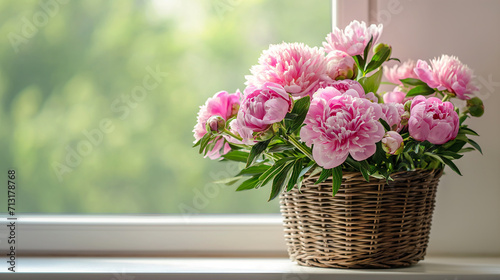 Blossoming Affection. A charming arrangement of peonies in a wicker basket, perfect for expressing love on Valentine's Day or appreciation on Mother's Day © Patrick