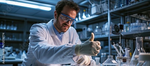 Professional handsome male scientist working on a vaccine in a scientific research laboratory and did thumbs up. Copy space image. Place for adding text photo