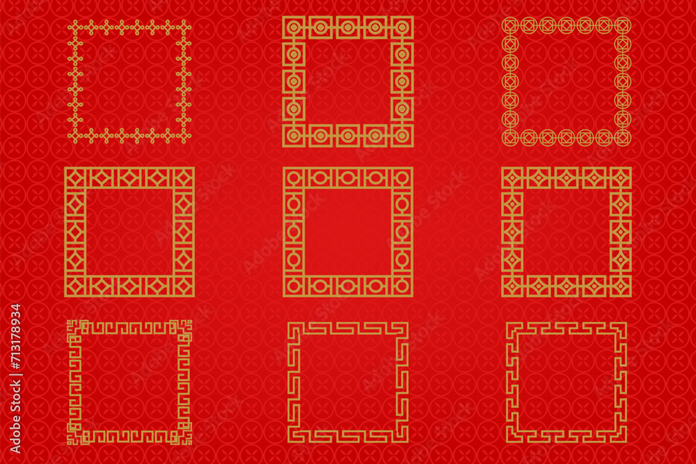 Chinese frame or border set on red background. traditional asian ornaments, golden oriental Chinese frame or border set on red background. traditional asian ornaments, golden oriental