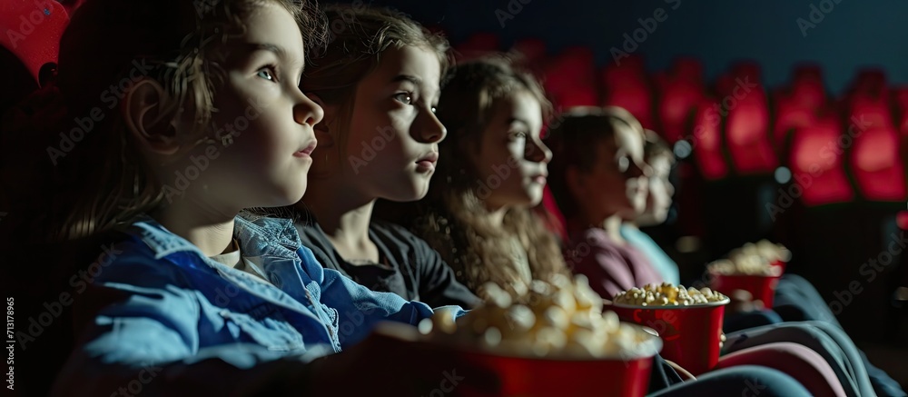 In dark room Group of kids sitting in cinema and watching movie together. Copy space image. Place for adding text