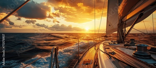 White yacht sailing in an open sea at sunset A view from the deck to the bow mast sails Epic cloudscape Dramatic sky with glowing golden clouds after the storm Racing sport leisure activity