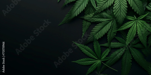 Lush cannabis leaves spread across a dark backdrop, emphasizing their rich green hue and potential in wellness photo