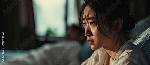 Unhappy stressful Asian woman sitting and crying on the bed while her husband sleeping a family and post marriage problem Arguing Asian young couple with bad negative relationship. Copy space image photo
