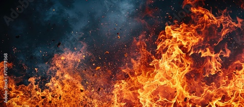 Big bonfire against dark night sky Fire flames on black background. Copy space image. Place for adding text