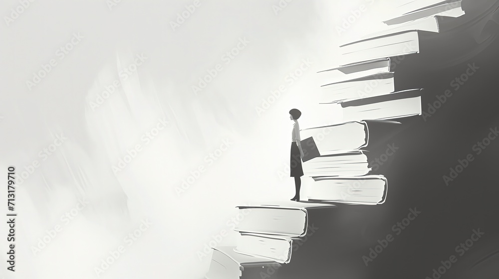 A woman stands on the stairs with huge books, looking thoughtfully to the side while holding a book A woman stands on the stairs with huge books, looking thoughtfully to the side while holding a book