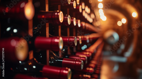 Elegant Wine Cellar Collection: Rows of Vintage Red Wine Bottles in Ambient Lighting, Luxury Wine Tasting and Storage Concept
