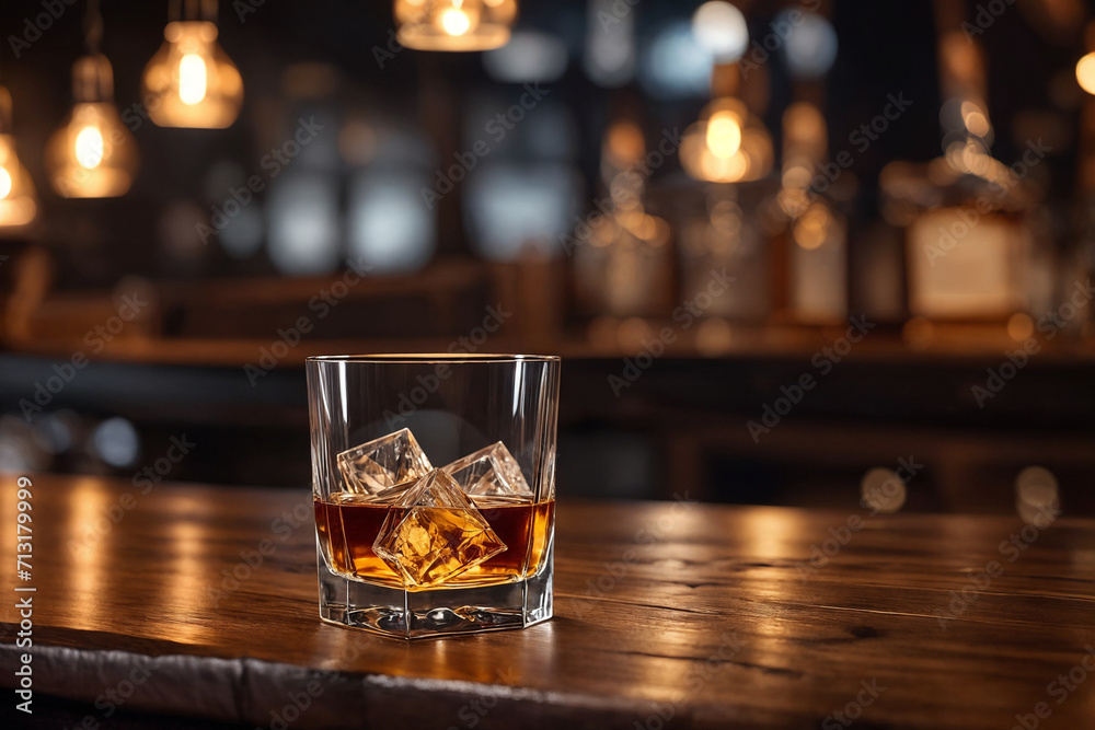 a glass of whiskey on the bar in front of the bar. Generative Ai