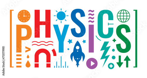 colorful physics word and physics symbols design