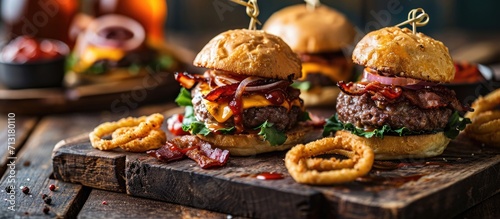 Small beef sliders grilled burgers onion rings little buns bacon served as appetisers for sharing. Copy space image. Place for adding text photo
