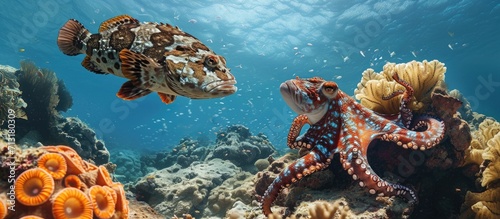 Interaction between Lyretail grouper Variola louti and Reef octopus Octopus cyanea. Copy space image. Place for adding text photo