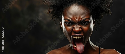 black pretty woman feeling disgusted and irritated and tongue out. Copy space image. Place for adding text photo