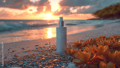 Pump bottle cosmetic products on beach background.