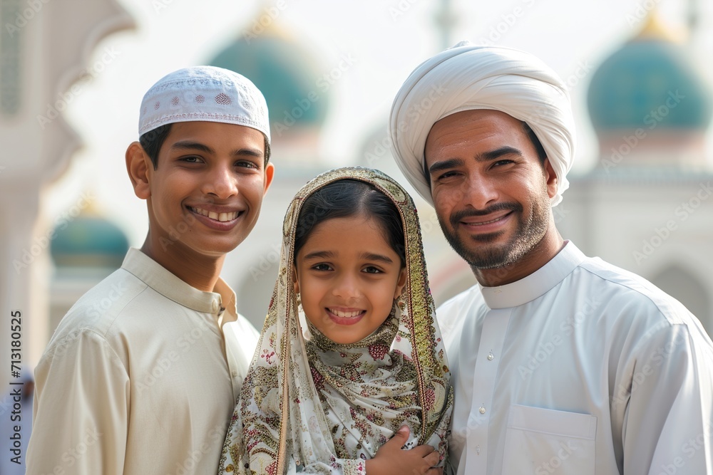 Muslim family smiling to camera in front of mosque Muslim family smiling to camera in front of mosque