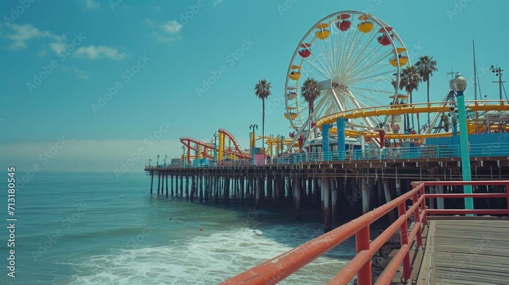 A picturesque ferris wheel stands tall on a pier overlooking the ocean. Perfect for capturing the vibrant atmosphere of a seaside amusement park A picturesque ferris wheel stands tall on a pier overlooking the ocean. Perfect for capturing the vibrant atmosphere of a seaside amusement park