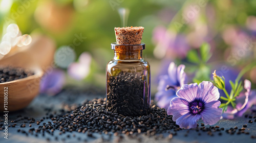 Black cumin essential oil in a small bottle. selective focus. Generative AI, photo