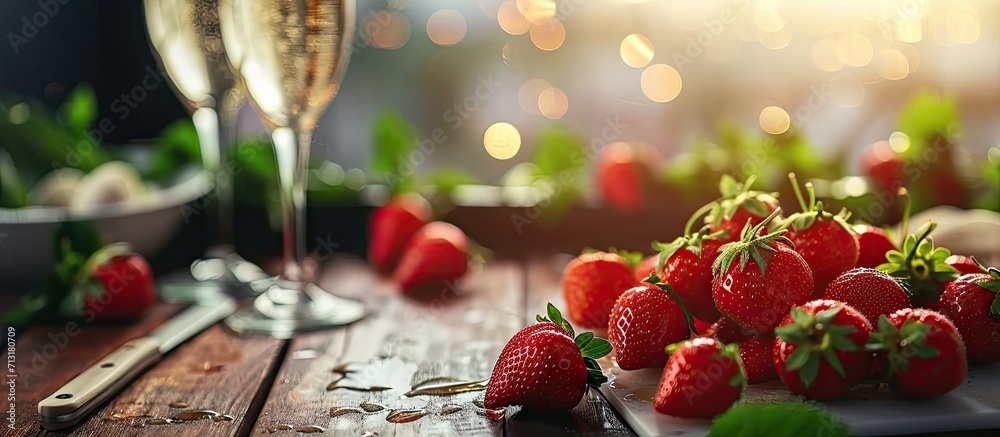 Strawberries and champagne during Wimbledon tournament. Copy space image. Place for adding text Strawberries and champagne during Wimbledon tournament. Copy space image. Place for adding text