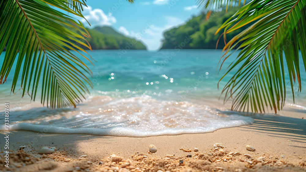 Tropical sand beach scene with blue water wave.