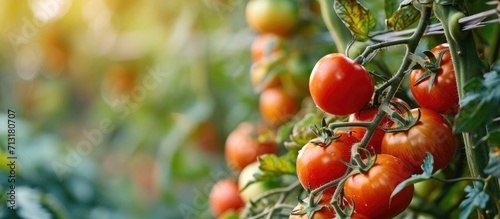 Tomato plants with ripe red tomatoes growing outdoors outside in a garden in England UK. Copy space image. Place for adding text