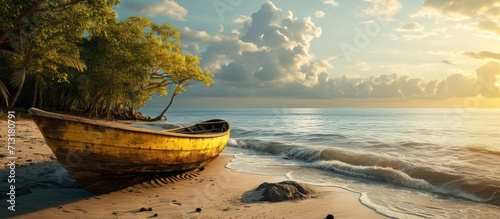 banana boat lays on a beach. Copy space image. Place for adding text