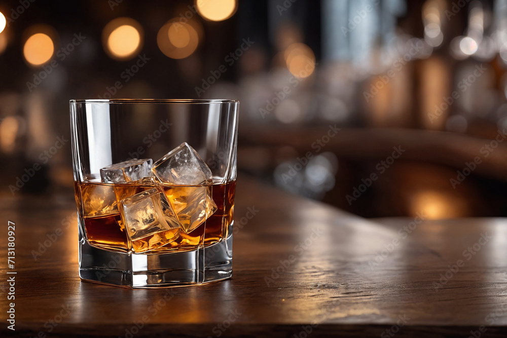 a glass of whiskey on the bar in front of the bar. Generative Ai a glass of whiskey on the bar in front of the bar. Generative Ai