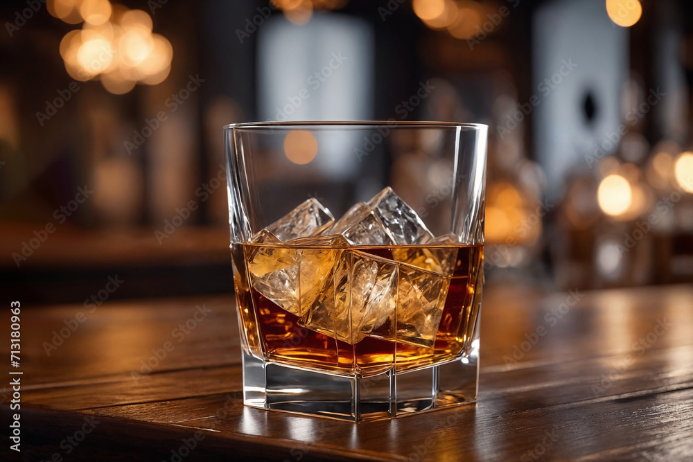 a glass of whiskey on the bar in front of the bar. Generative Ai a glass of whiskey on the bar in front of the bar. Generative Ai