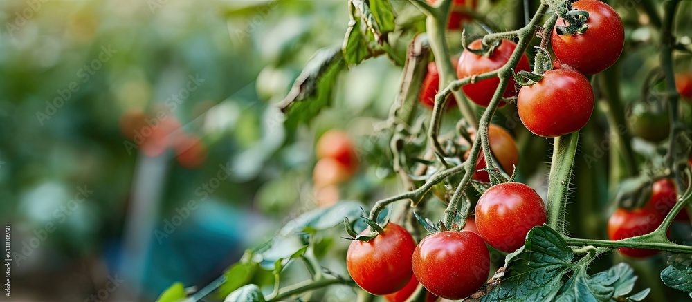 Tomato plants with ripe red tomatoes growing outdoors outside in a garden in England UK. Copy space image. Place for adding text