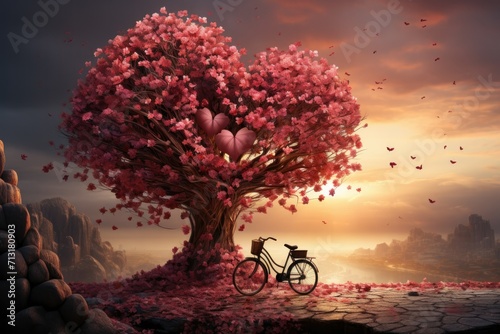 tree is extraordinary, spreading love like leaves. The bicycle has hearts, making it super special.  photo
