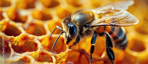 A macro of a honey bee perched on a honeycomb. Copy space image. Place for adding text © Ilgun