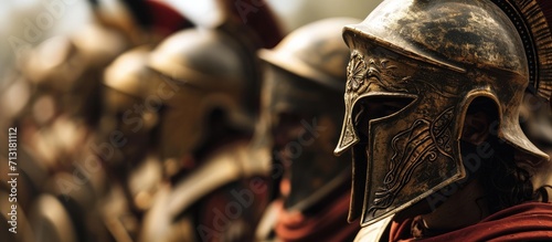 Spartan soldiers from the army ancient greece. Copy space image. Place for adding text