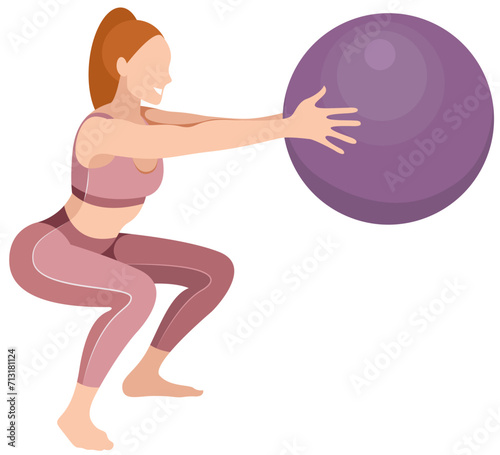 vector image of a beautiful slim girl in sportswear (leggings and sports bra) squats with a fitness ball isolated on a white background. woman doing fitness, sports, training, aerobics, exercise