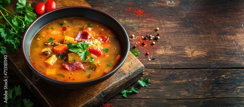 Homemade vegetable soup with smoked bacon. Copy space image. Place for adding text