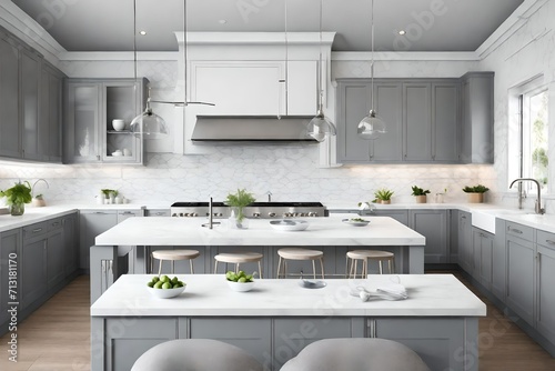 Grey and white kitchen with glass cabinets.