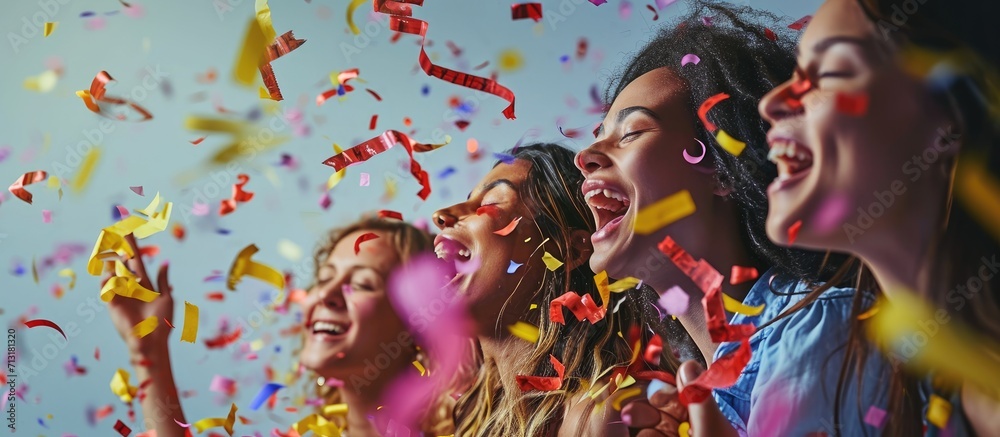 Obraz premium Action shot of mixed age range multi ethnic women celebrating International Women s Day with ticker tape. Copy space image. Place for adding text
