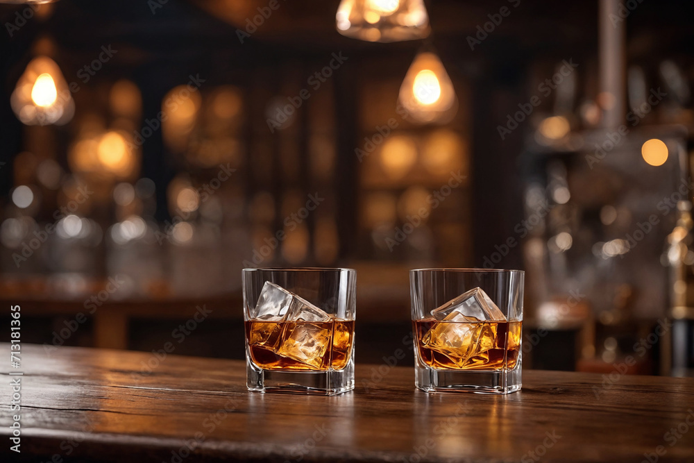 a glass of whiskey on the bar in front of the bar. Generative Ai a glass of whiskey on the bar in front of the bar. Generative Ai