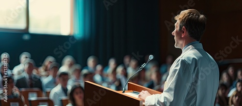 Mature doctor giving a speech on a stage at a conference in front of an audience. Copy space image. Place for adding text photo