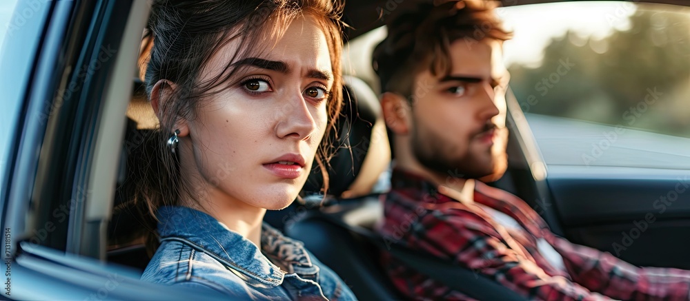 Male auto instructor takes exam in young woman Sit beside model in car ...