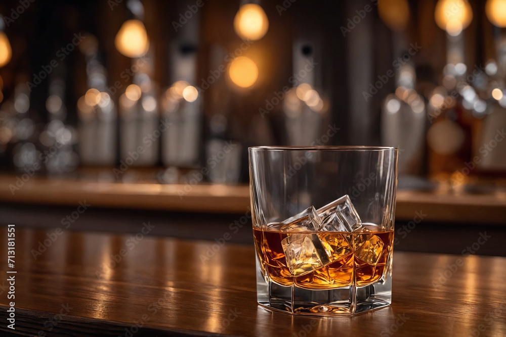 a glass of whiskey on the bar in front of the bar. Generative Ai a glass of whiskey on the bar in front of the bar. Generative Ai