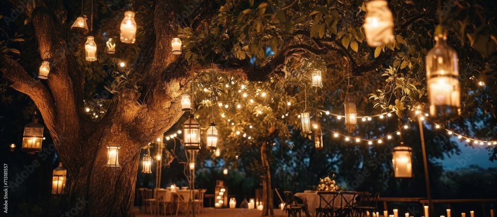 Night wedding ceremony with a lot of candles and vintage lamps on big tree. Copy space image. Place for adding text