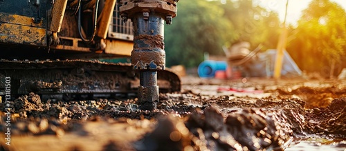 Ground water hole drilling machine selective focus. Copy space image. Place for adding text