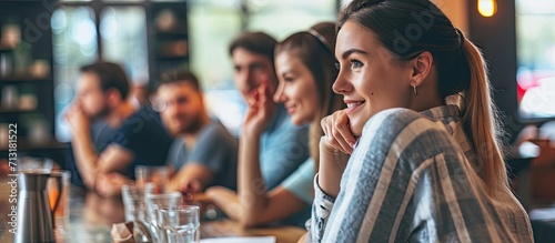 Woman having a meeting with colleagues. Copy space image. Place for adding text photo