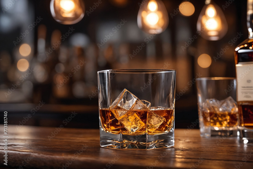 a glass of whiskey on the bar in front of the bar. Generative Ai a glass of whiskey on the bar in front of the bar. Generative Ai