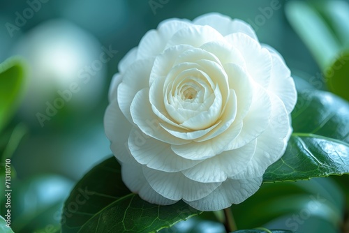 White Camellia japonica in full bloom.