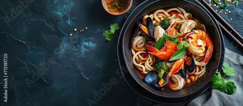 Chinese style noodles with vegetables and seafood. Copy space image. Place for adding text