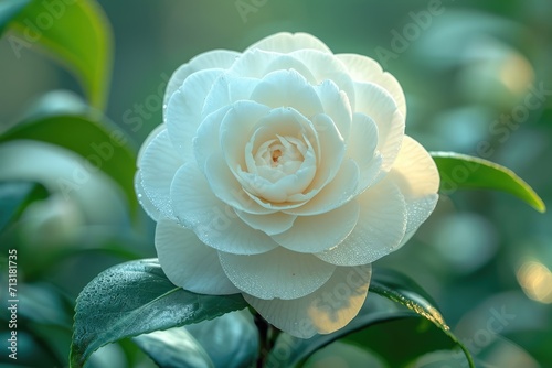 White perfect camellia flower, closeup, macro. 