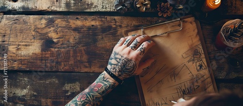 Tattooed hand holding a brand strategy clipboard. Copy space image. Place for adding text